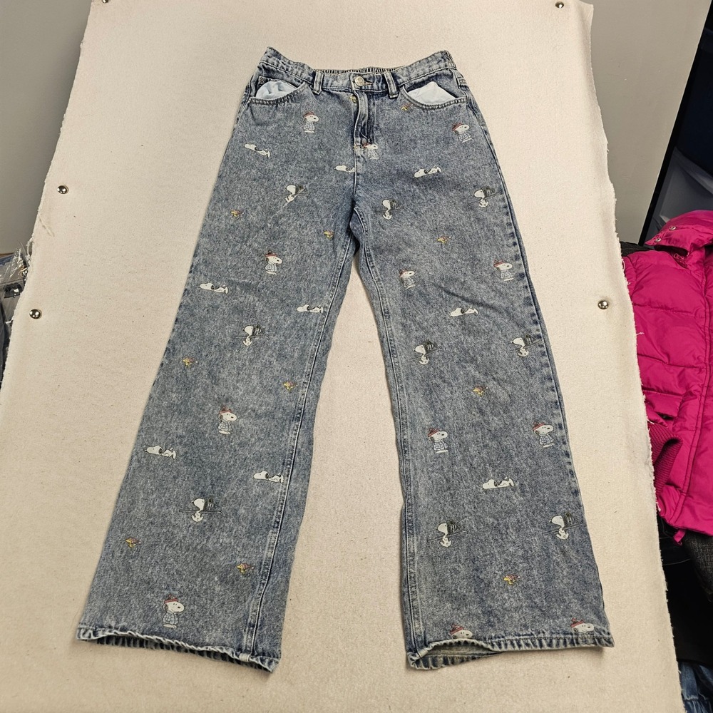 Justice Peanuts Snoopy Wide Leg Acid Wash Jeans Girls Size 18 Blue Denim Pants